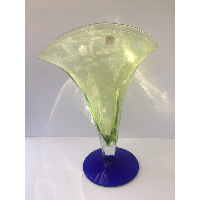 Blenko Art Glass Art Deco Fan Shape Two Tone Color of Deep Sapphire Blue & Light Green Vase For Sale - Image 13 of 13