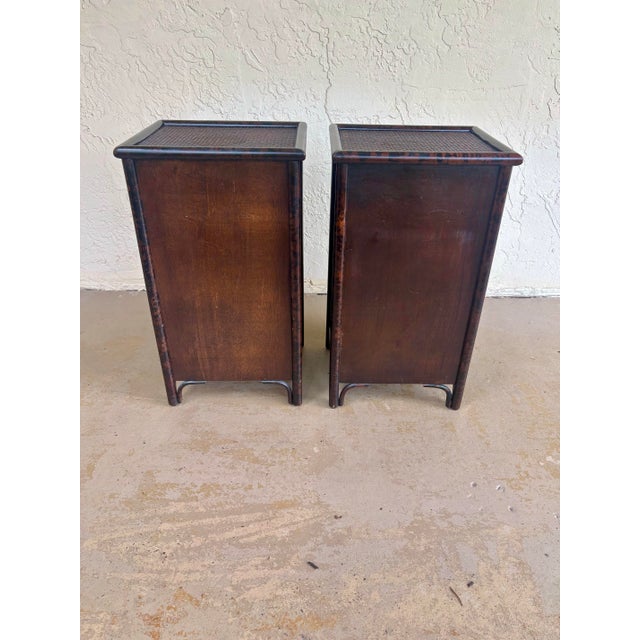 Pair Vintage British Colonial Faux Burnt Bamboo & Cane Nightstands For Sale - Image 12 of 12