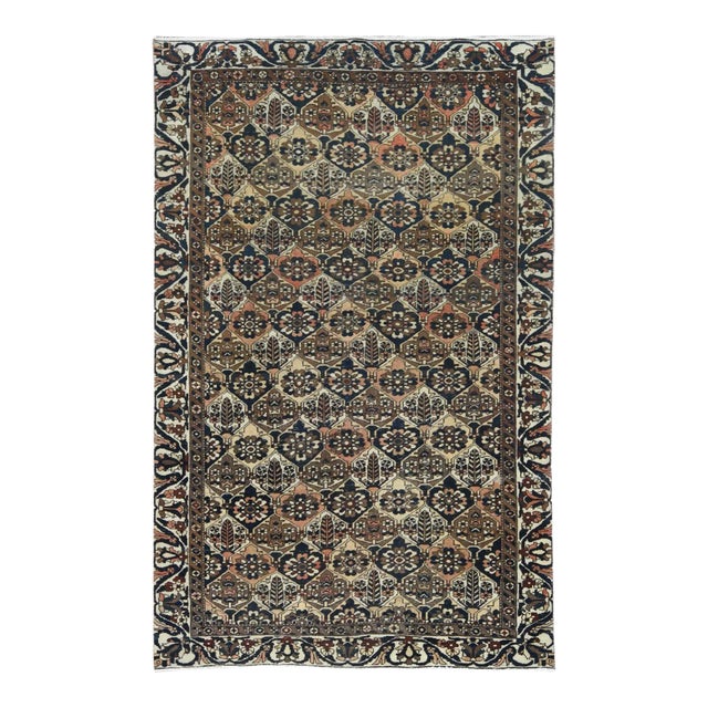1960s Colorful, Hand Knotted Vintage Persian Bakhtiar With Repetitive Diamond Garden Design, Distressed Wool, Rug For Sale