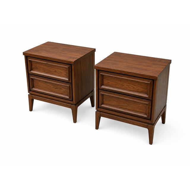 Mid century pair walnut nightstands. Set is in good condition, refinished by our shop. The stands are solid , well made....