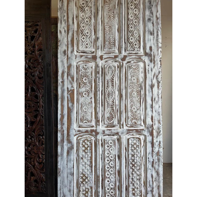 Vintage Whitewashed Carved Wood Sliding Barn Door | Ornate Rustic Statement Piece 102 For Sale - Image 4 of 6