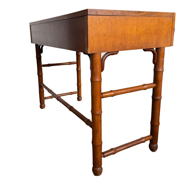Chinoiserie American of Martinsville Faux Bamboo & Cane Writing Desk Console Table MCM For Sale - Image 3 of 11