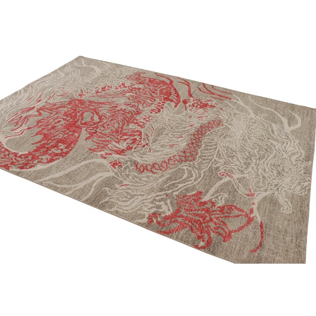 Rug & Kilim Rug & Kilim’s Distressed Dragon Rug in Red, Gray and White Pictorial Patterns For Sale - Image 4 of 7