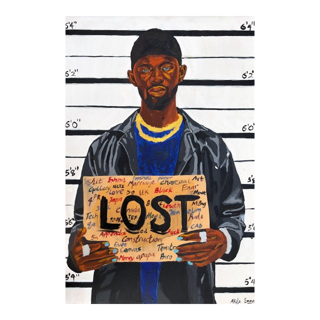 Lost as a Boy, Lost as a Man, Figurative Wall Painting by Emmanuel Akolo (2022), Acrylic on Canvas For Sale
