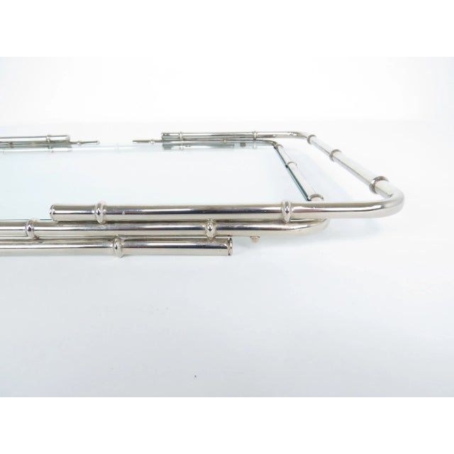 Metal 1970s Polished Nickel Faux Bamboo and Glass Serving Tray in the Manner of Maison Bagues For Sale - Image 7 of 13