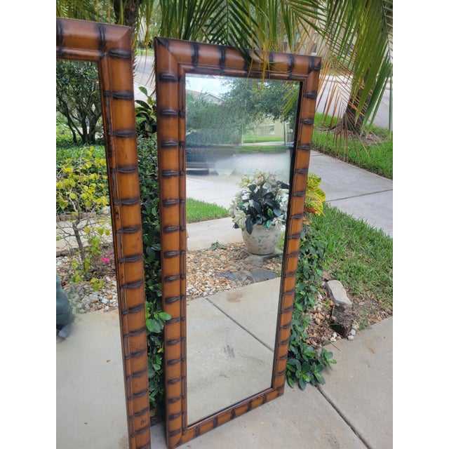 Vintage Faux Bamboo Frame Custom Made Tall Long Palm Beach Regency Wall Mirrors- a Pair For Sale - Image 9 of 10
