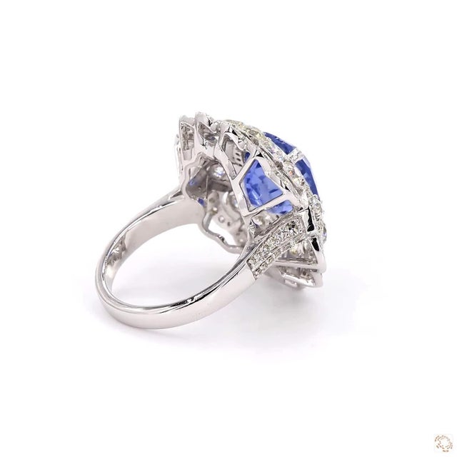 Metal 2.58 Carat Old European Cut Diamond Blue Sapphire Gold Ring, Size 6.5 For Sale - Image 7 of 9