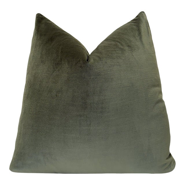 Olive Green 20x20 Velvet Throw Pillow With Feather Down Insert For Sale
