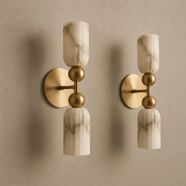 Metal Luxury Alabaster Wall Sconce Set of 2, Handcrafted Solid Brass Double Cylinder Wall Sconce, Italian Marble Wall Lamp, Brass Double Light Fixture For Sale - Image 7 of 10