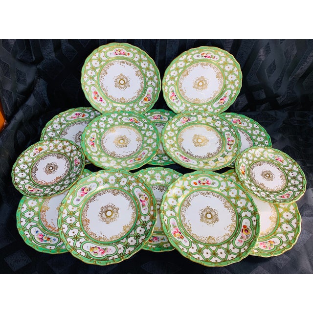 Early 19th Century Early 19th Century Rare Green and Gold Floral Davenport Longfort Staffordshire Plates - Set of 14 For Sale - Image 5 of 11
