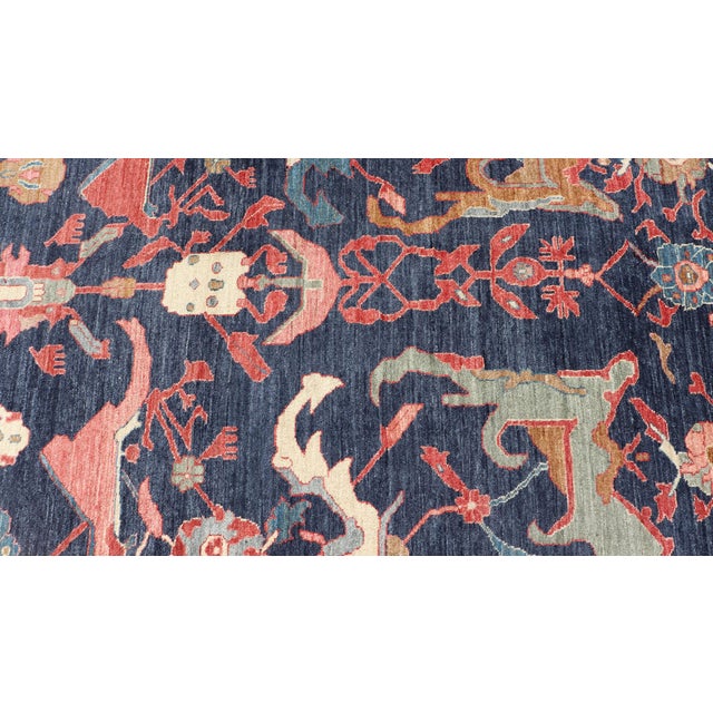 Large Persian Bidjar Rug With Navy Field and Red Border Floral Design For Sale - Image 11 of 16