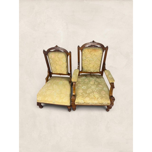 Late 19th Century Antique English Eastlake "His and Hers" Walnut Parlor Chairs For Sale - Image 9 of 11