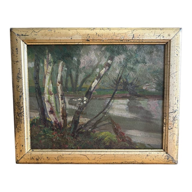 This is a lovely small oil painting depicting an idyllic river with birch trees. It is unsigned yet beautifully painted....