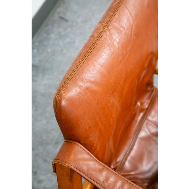 Brown Mid Century Danish Modern Lounge Chair Safari Brown Leather Arm Sling Vintage For Sale - Image 8 of 12