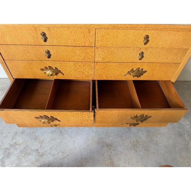 Vintage Hollywood Regency Lorin Jackson for Grosfeld House Oak Dresser With Brass Leaf Pulls For Sale - Image 13 of 17