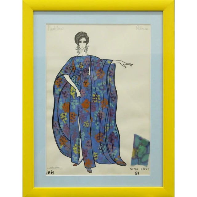 Fabulous original Nina Ricci watercolor c1960s illustration with a fabric swatch attached Provenance: a Beverly Hills, Ca...