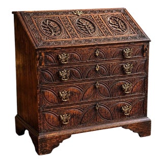 18th Century Carved Oak Fall-Front Bureau with Fitted Interior, 1760 For Sale