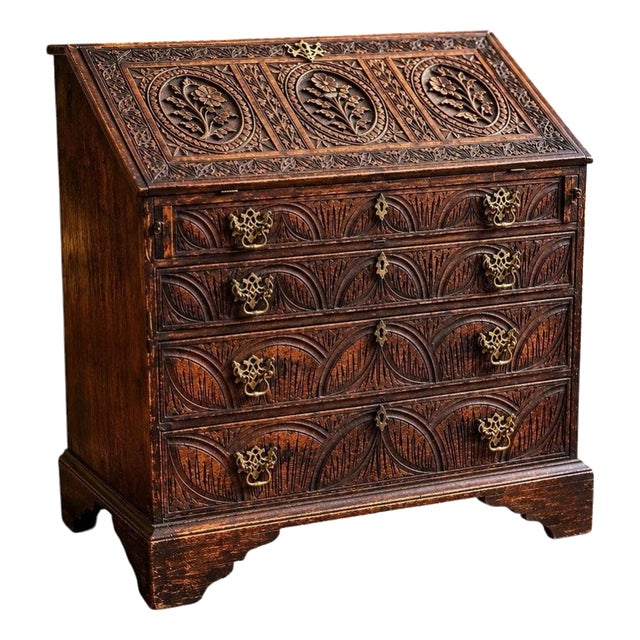 18th Century Carved Oak Fall-Front Bureau with Fitted Interior, 1760 For Sale