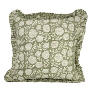 Fabdivine Indian Block Print Frill Cushion Cover Green 24x24 Inch Thick Cotton White- Rajat For Sale