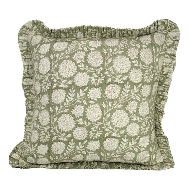 Fabdivine Indian Block Print Frill Cushion Cover Green 24x24 Inch Thick Cotton White- Rajat For Sale