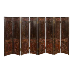 Early 20th Century Chinese Brown & Red 8-Panel Screen with Calligraphy - Set of 8