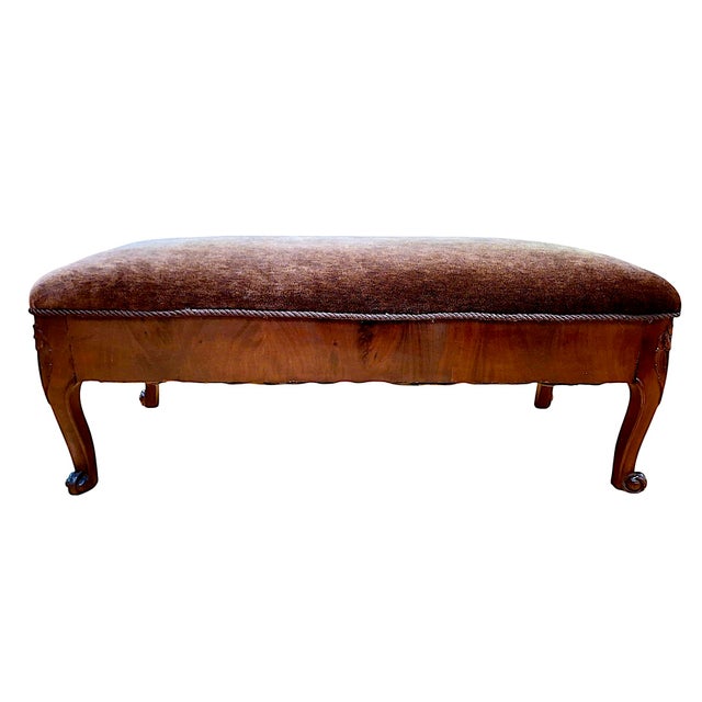 French 19th-Century French Carved Mahogany and Mohair Bench For Sale - Image 3 of 12