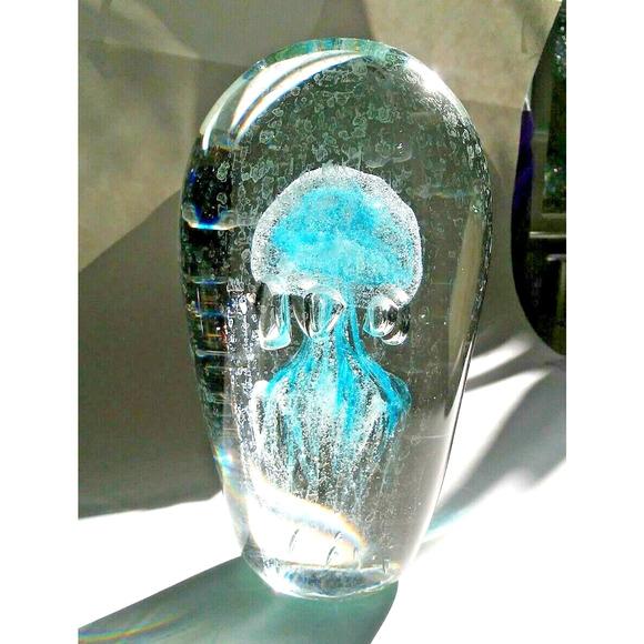 Jellyfish Glass 7" Tall Egg Shape Handblown Paperweight Ocean Man O War Light Blue Clear Man-O-War Vintage Beautiful Heavy...