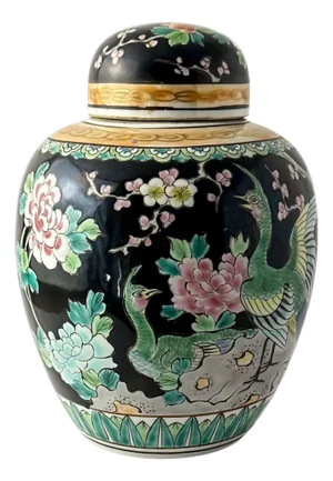 Japanese Black Polychromed Porcelain Ginger Jar by Yamatoku Meiji, 1890s