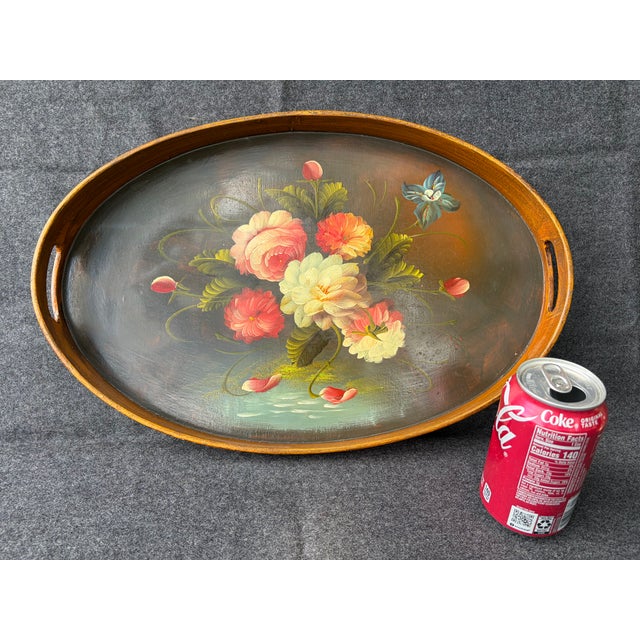 Vintage Oval Wood Floral Tole Painted Tray For Sale - Image 12 of 17