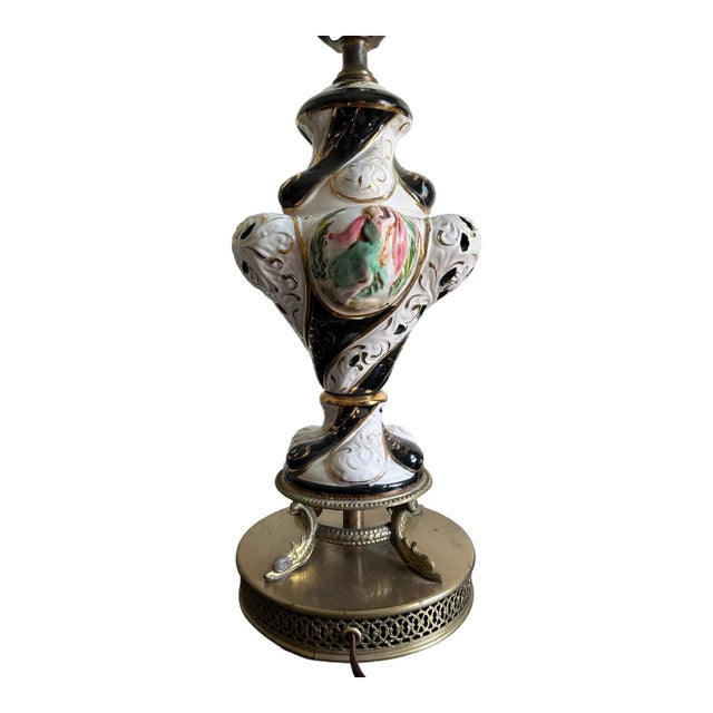 Vintage Capodimonte Porcelain Italy Black White Handpainted Fish Filigree Table Lamp For Sale - Image 10 of 16