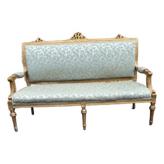Early 20th Century Antique Louis XVI Style Gilt Painted Hand Carved Upholstered Canape Loveseat Settee For Sale