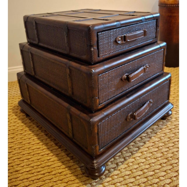 Late 20th Century Stacking Luggage-Form Leather & Woven Rattan Side Table Chest For Sale - Image 9 of 11