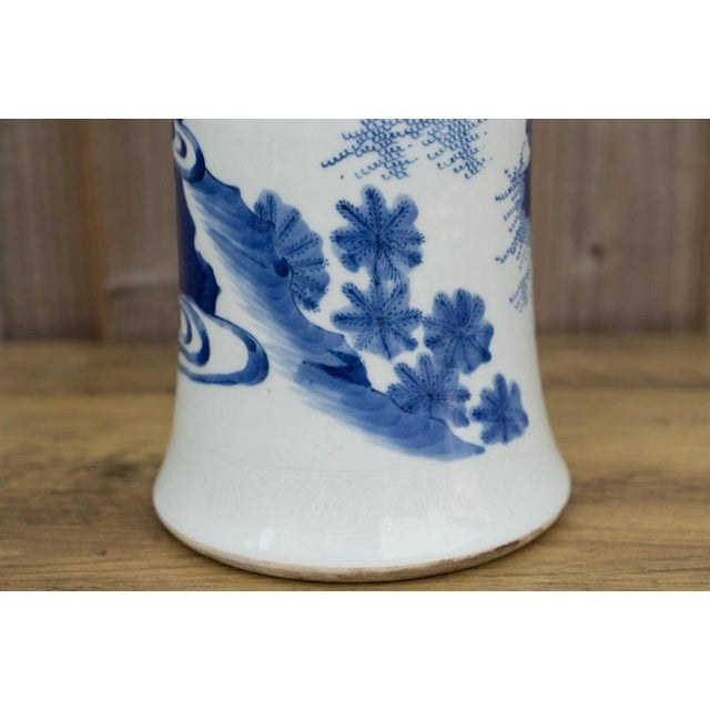 Chinese Blue and White Porcelain Sleeve Vase with Warriors and Military Procession For Sale - Image 16 of 18