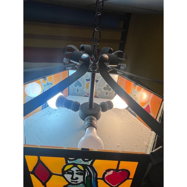 Pop Art 1970s Vintage Hexagonal Leaded Slag Glass Playing Card Poker 3-Light Pendant Chandelier For Sale - Image 3 of 5