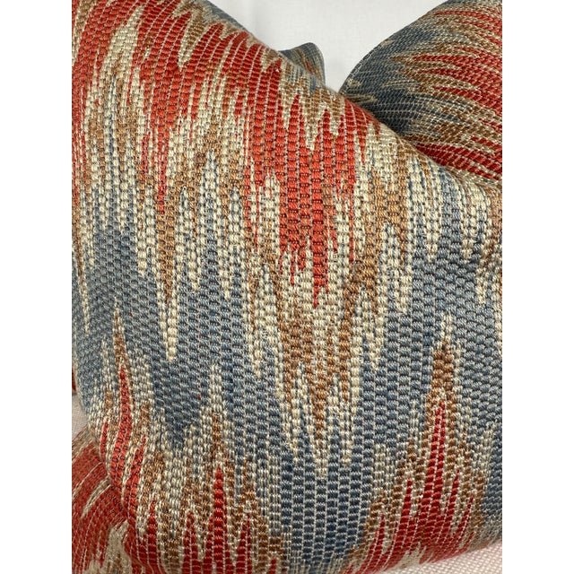 Custom pair of 22" pillows covered in Colefax & Fowler "Medora" in color tomato/slate. These pillows have tapered corners...