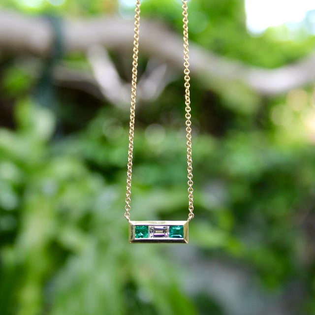 Gold 18k Gold Emerald and Diamond Bar Pendant Necklace For Sale - Image 8 of 8