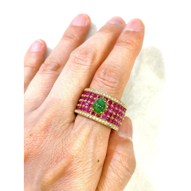 Bochic “Orient” African Ruby, & Jade Vintage Band Ring Set In 18 K Gold & Silver, Size 8.5 For Sale - Image 10 of 11