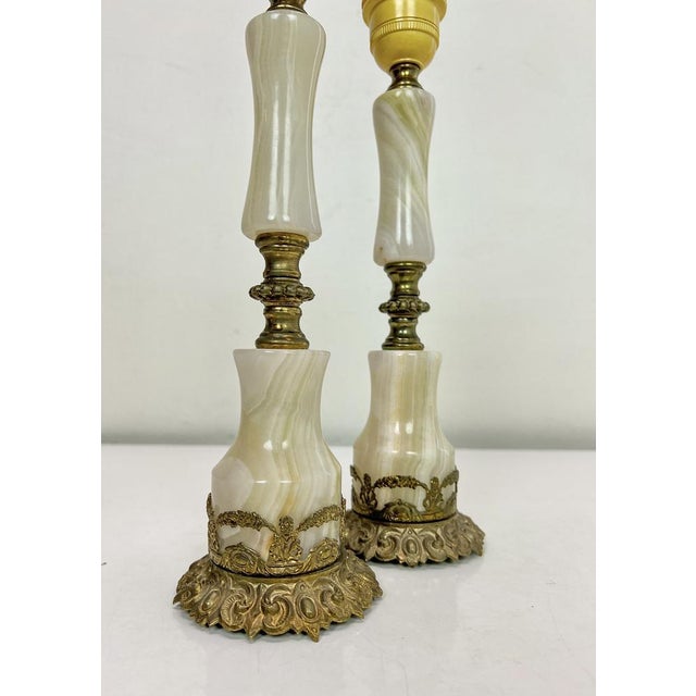 Louis XVI Style Brass and Marble/Onyx Table Lamps, 1940s, Set of 2 For Sale - Image 4 of 14