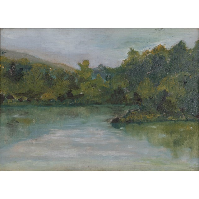 A small French mpressionist style plein air verdant landscape painting featuring a lake or pond in the foreground,...