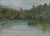 A small French mpressionist style plein air verdant landscape painting featuring a lake or pond in the foreground,...