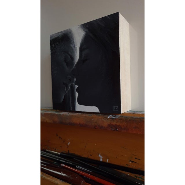 Figurative The Kiss #7 by Linda Delahaye | Oil on Panel Two faces close together in an intimate moment. For Sale - Image 3 of 3