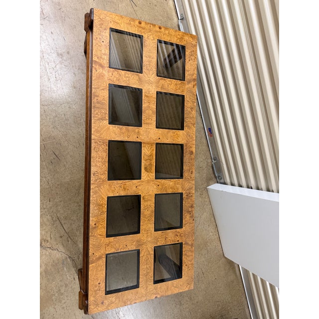Mid-Century Modern 1970s Vintage Burl Wood Coffee Table Square Smoked Glass MCM For Sale - Image 3 of 8