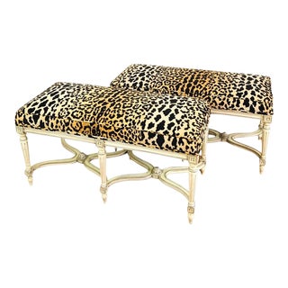 Vintage Hollywood Regency Louis XVI Style Leopard Print X Base Benches by Karges, Pair For Sale