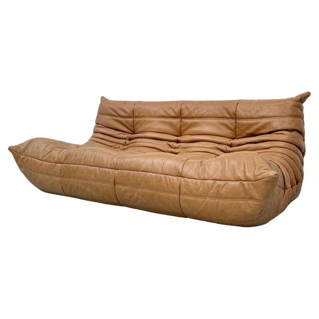 Ligne Roset French 3-Seater Togo Sofa in Dark Camel Leather attributed to Michel Ducaroy for Ligne Roset For Sale - Image 4 of 11