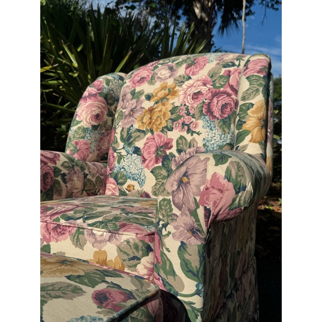 Vintage Hickory Hill Floral Upholstered Armchair & Ottoman | Traditional English Country Style For Sale - Image 9 of 12