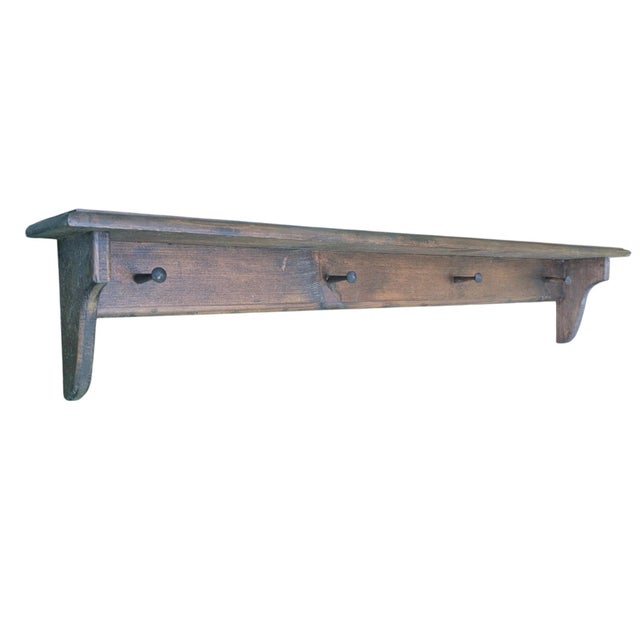 Vintage Farmhouse English Cottage Wooden Wall Shelf With Peg Hooks For Sale - Image 9 of 17