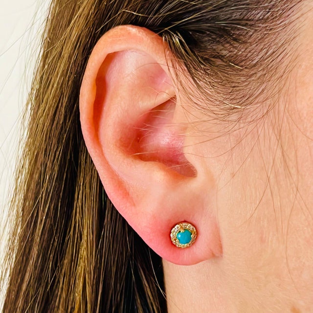 White Natural Turquoise Diamond Stud Earrings 14k Yellow Gold 0.65 TCW Certified For Sale - Image 8 of 10