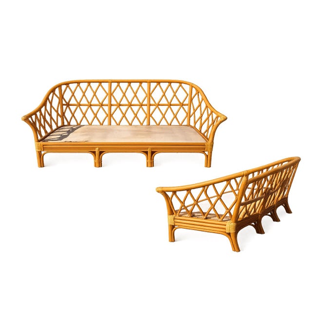 Vintage Coastal Rattan Sofa With Hand-Lashed Leather Bindings (No Cushion) For Sale In San Diego - Image 6 of 12