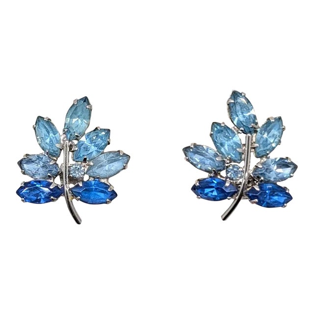 Vintage Signed Napier Blue Ombre Rhinestone Leaf Clip Earrings- 2 Pieces For Sale