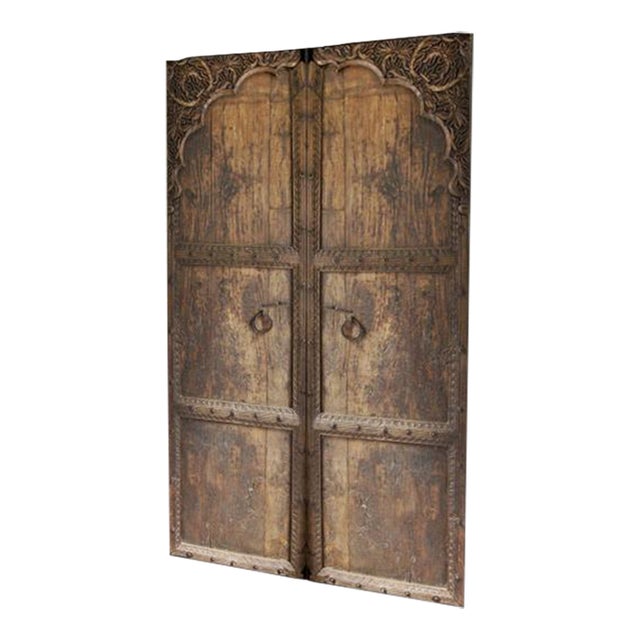 Indo-Mughal Arch Double Door – Hand-Carved Solid Wood Panels For Sale